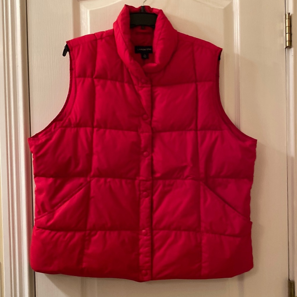Land’ End red puffer jacket vest.